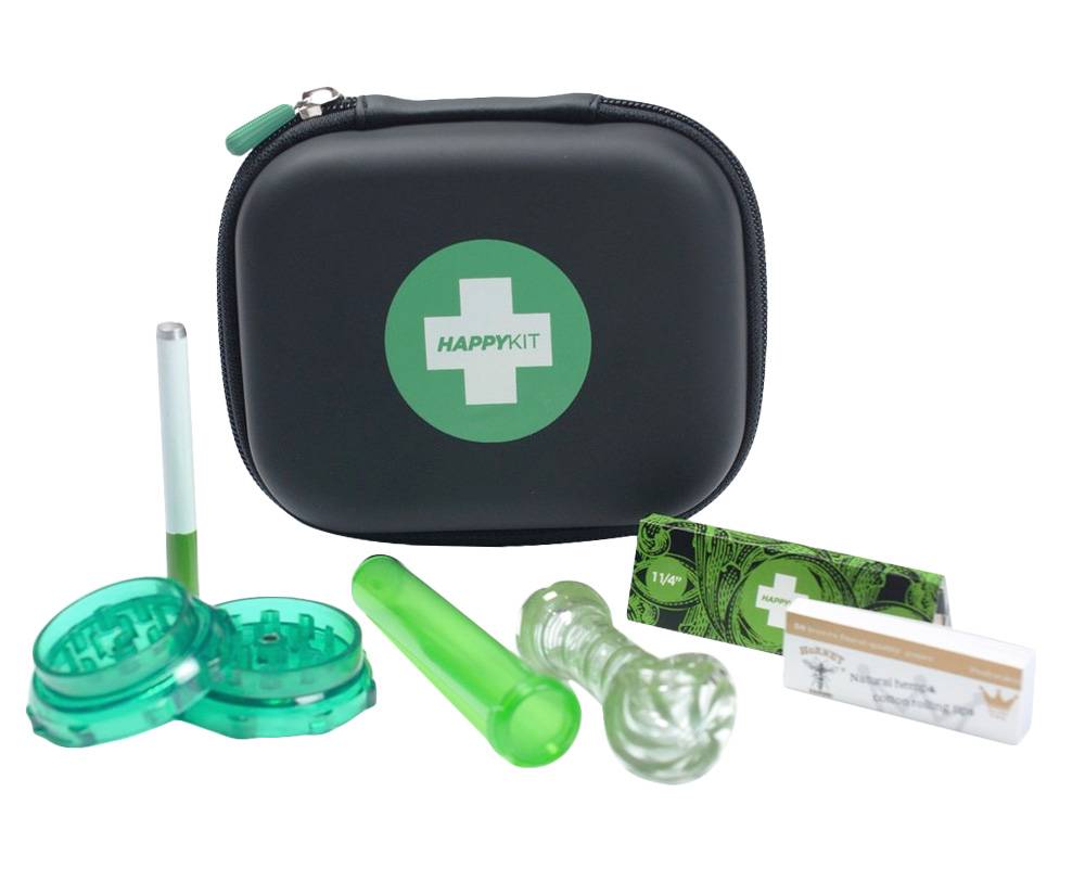 HAPPY KIT DELUXE W/ GLASS PIPE, ACRYLIC GRINDER, HERB TUBE, CIG BAT, 1.25 PAPERS & TIPS ALL IN A CARRYING CASE