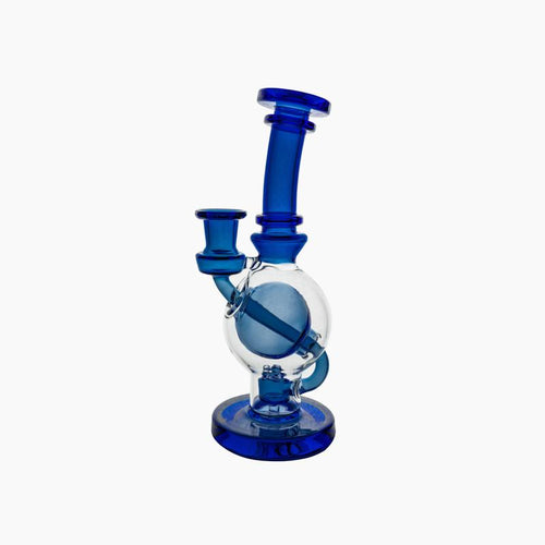 Blue Ball rig. Straight neck, borosillicate glass with flared mouthpiece. Flared mouthpiece, weight: 9 ounces, height: 8